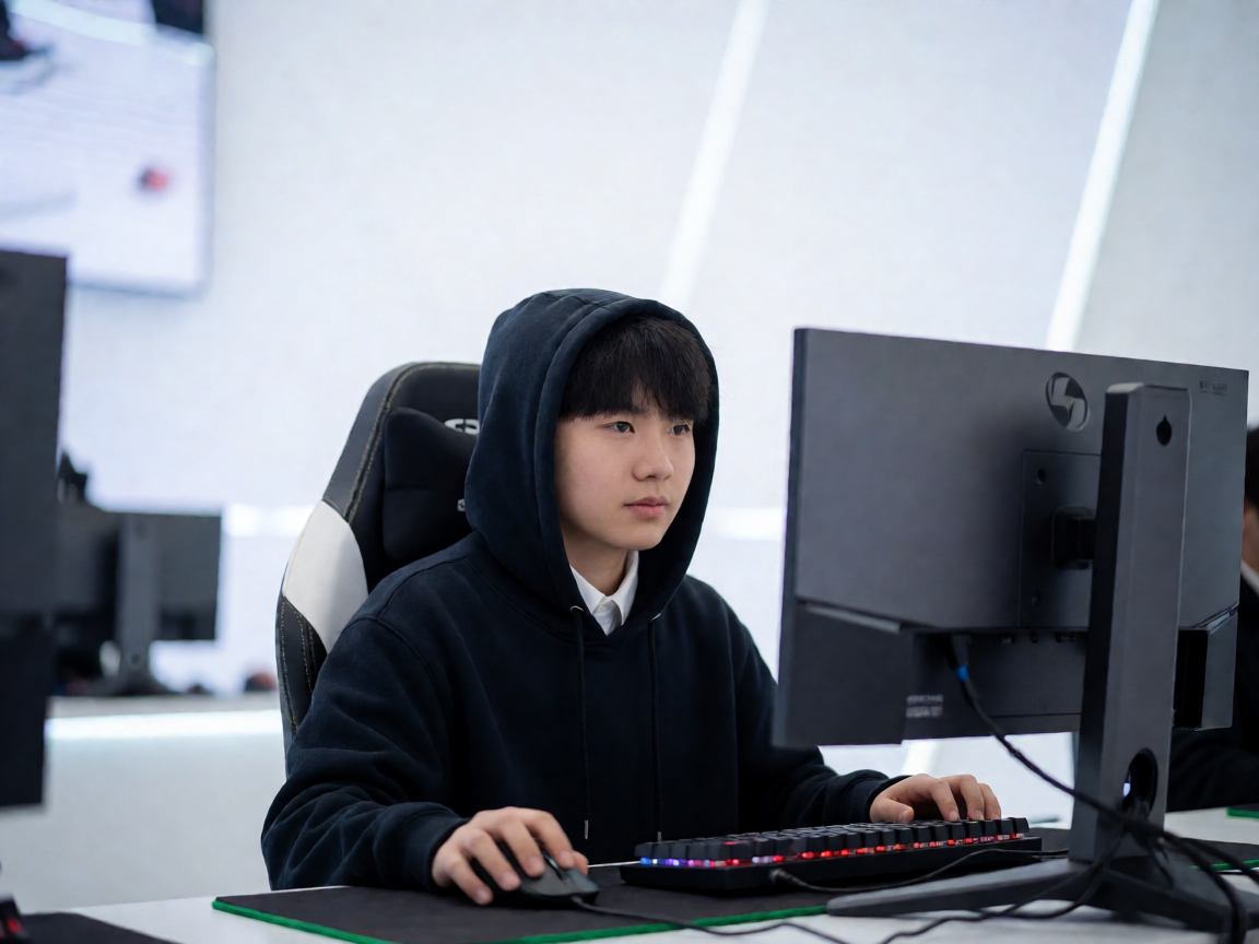 电竞赛事现场选手在比赛席位上操作设备