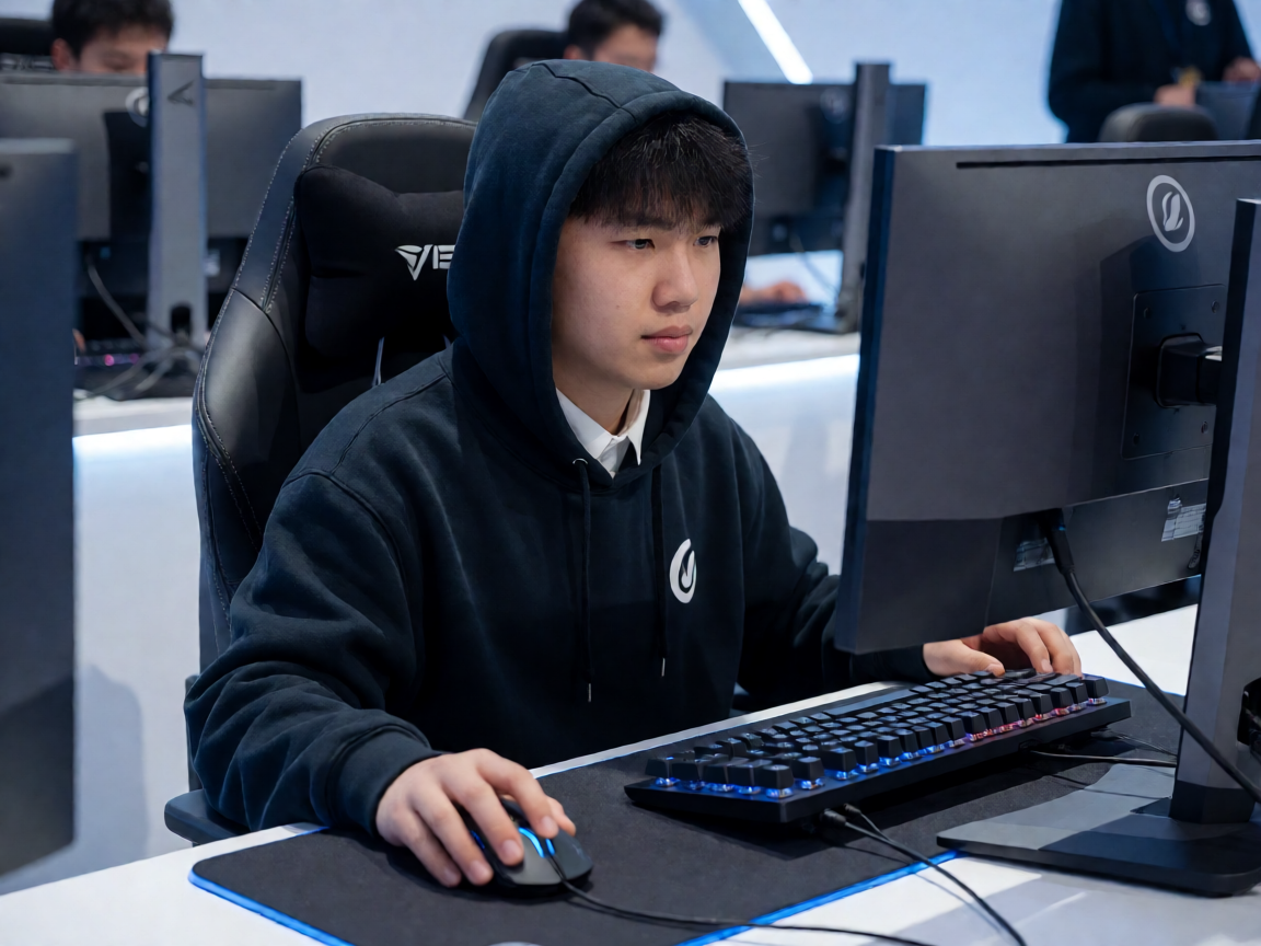 电竞赛事现场选手在比赛席位上操作设备